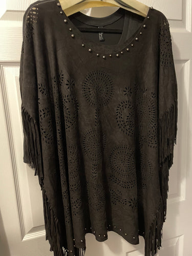 Black Poncho with the suede look, fringes & studs